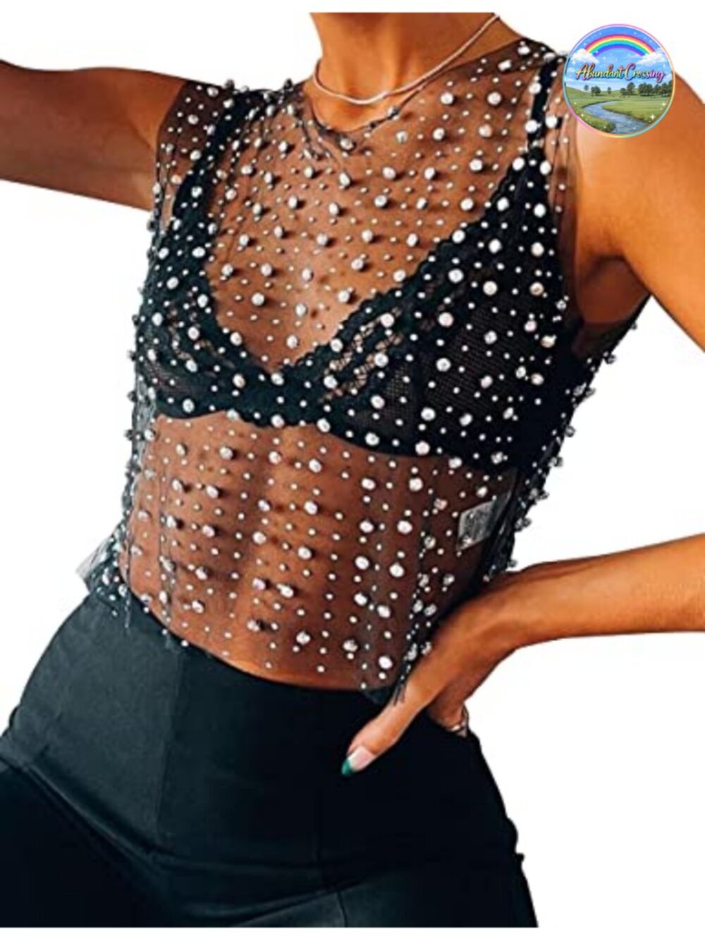 Women Sheer Mesh Rhinestone Crop Tank Sleeveless See Through Going Out Top